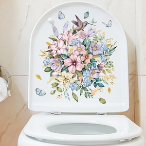 Floral toilet lid decals with watercolor lily daisy flowers and flying butterflies