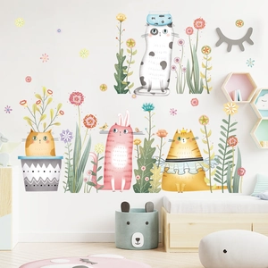Adesivi murali gatti cartoon e fiori per la decorazione della cameretta dei bambini