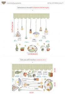 Size chart showing cartoon cat wall sticker layout and 92x98cm final display dimensions