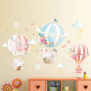 Cartoon animal hot air balloon wall stickers with elephant and fox for nursery decor