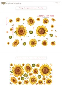 Detail view of sunflower wall stickers set with dimensions 60x30cm and 69x41cm layout