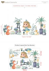 Détail du sticker mural avec fille et renard et dimensions d'assemblage de 111x48cm