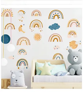 Bohemian rainbow and cloud wall decals in Morandi tones for cozy nursery decoration