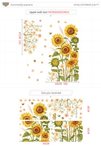 Sunflower wall decals set with bees showing 74x83cm layout and 30x90cm sheet dimensions