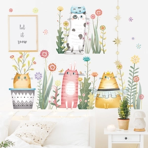 Adesivi murali gatto cartone animato con fiori per decorazione camera bambini e casa