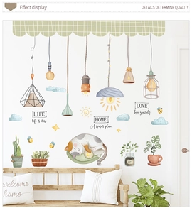 Detail of cartoon cat wall stickers with hanging lamps and motivational life quotes