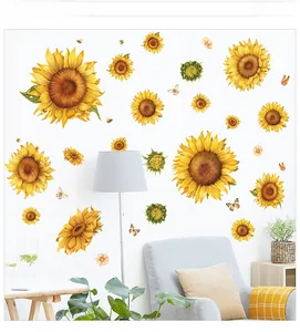 Detailed wall sticker set featuring bright sunflowers with bees and butterflies in a room