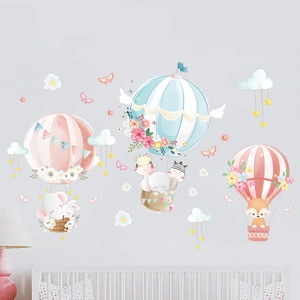 Cartoon hot air balloon wall stickers with cute animals for nursery and kids' room decor