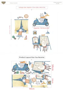 Détail des stickers muraux chat de dessin animé avec dimensions pour décor de chambre