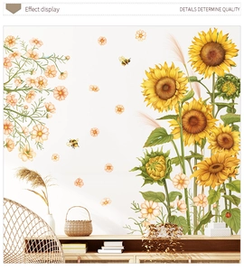 Detail display of sunflower and daisy wall decals featuring bees and ladybugs on a wall