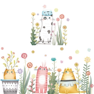 Adesivi murali gatto cartone animato e fiori per decorazione camera bambini accogliente