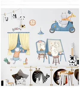Détail de stickers muraux chat montrant un chat conduisant une voiture bleue pour enfant