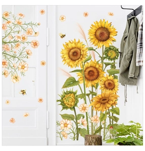 Realistic sunflower wall stickers with bees and orange flowers for home hallway decor