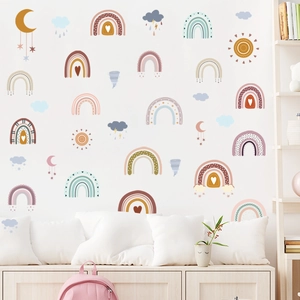 Boho rainbow weather wall decals with sun and clouds for nursery and kids bedroom decor