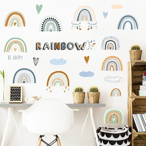Bohemian rainbow wall stickers for kids room with clouds and heart decals in Morandi colors