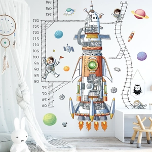 Space Astronaut Rocket Height Growth Chart Wall Sticker PVC Cartoon DIY Measurement Decal For Kids Room Kindergarten Nursery