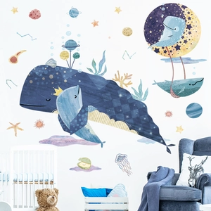 Cartoon Whale Galaxy Stars Wall Stickers For Kids Room Bedroom Nursery PVC Waterproof Ocean Space Theme Home Decor Decals