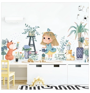 Stickers muraux enfant avec petite fille, renard et chien pour décoration de chambre