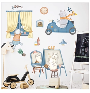 Détail de stickers muraux chat de dessin animé avec chatons en voiture et peinture murale
