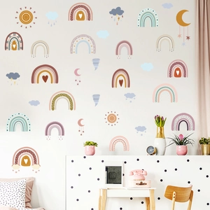 Boho rainbow and weather wall stickers set in soft Morandi tones for kids room decor