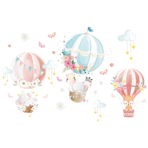 Watercolor hot air balloon wall stickers with elephant and fox for kids room decoration