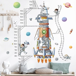 Space rocket height growth chart wall sticker for kids bedroom with astronauts