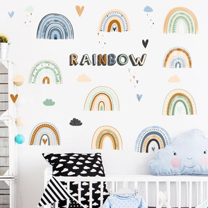 Bohemian style rainbow cloud wall stickers for kids nursery in muted Morandi tones