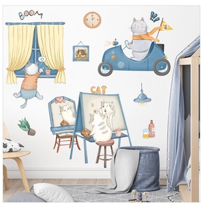 Détail de l'ensemble de stickers muraux chat de dessin animé pour décor de chambre d'enfant