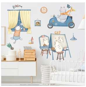 Stickers muraux chat de dessin animé avec chatons en voiture pour chambre d'enfant