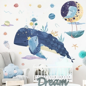 Whale and outer space wall decals for kids' room featuring planets, stars and jellyfish