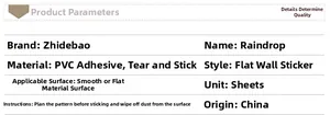 Tableau de spécifications pour stickers muraux en PVC auto-adhésifs avec instructions