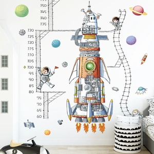 Space astronaut height chart wall sticker for kids room featuring rocket and planets