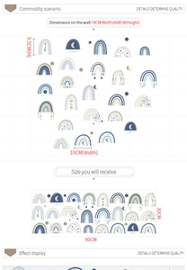 Detailed wall sticker dimensions showing rainbow motifs and application area measurements