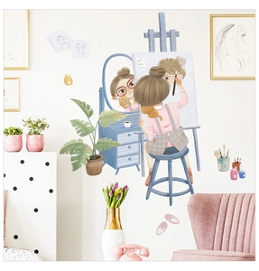 Détail de sticker mural pour fille avec illustration artistique aux tons macarons doux