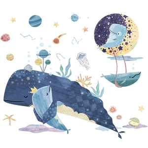 Cartoon whale wall decals with celestial stars and planets for kids room decor