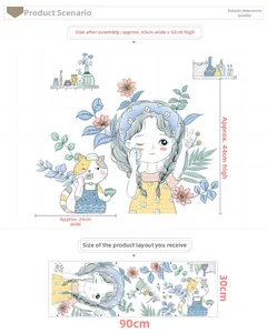 Cartoon girl and cat wall stickers with blue flowers and shelves for room decor