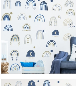 Boho rainbow wall stickers with stars and moon in soft blue and beige for nursery decor