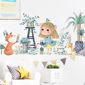 Dessin Animé Fille Renard Chien Plantes En Pot Stickers Muraux PVC Imperméables Pour Chambre D'enfant Maternelle Décoration