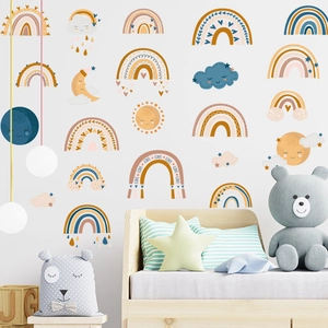 Boho rainbow and sun wall decals set for kids room decor in neutral Morandi colors