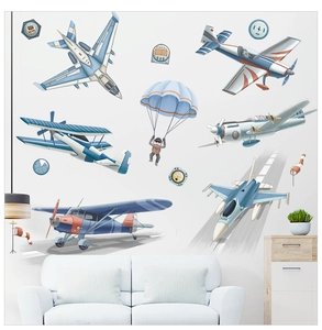 Vue détaillée des stickers muraux aviation avec avions et parachutistes pour enfants