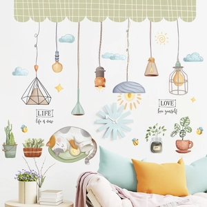 Cartoon cat and green plant wall stickers for living room decor with inspirational phrases