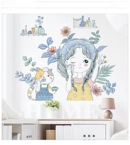Detailed wall sticker layout featuring a girl, a cat brushing teeth, and floral motifs