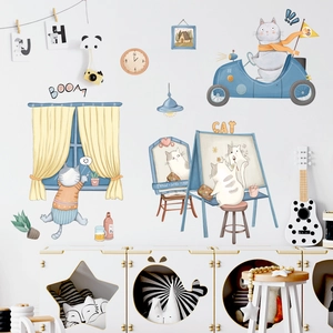 Sticker Mural Chat Dessin Animé pour Chambre d'Enfant PVC Imperméable Amovible Décoration Murale Chats Jouant Voiture et Peinture