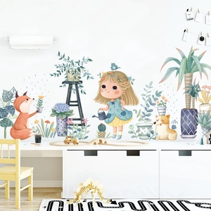 Stickers muraux enfant avec fille et animaux style aquarelle pour chambre de bébé