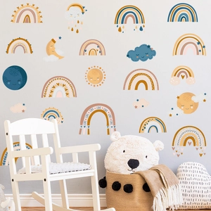 Morandi rainbow and cloud wall decals for kids nursery with sun and star accents