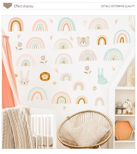 Detail showing boho rainbow and animal wall decals in a cozy Nordic nursery setting
