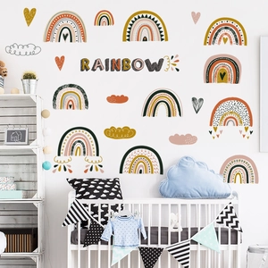 Boho rainbow wall decal set with clouds and hearts for nursery room wall decoration