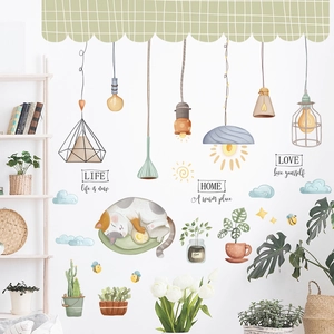 Cartoon cat and hanging lamp wall stickers set for living room and nursery decor