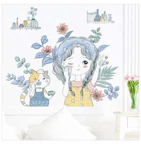 Detail of cartoon girl and cat wall decals with floral plants for bedroom decor