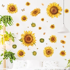 Self-adhesive sunflower wall stickers with butterflies for cozy home decor and DIY botanical art